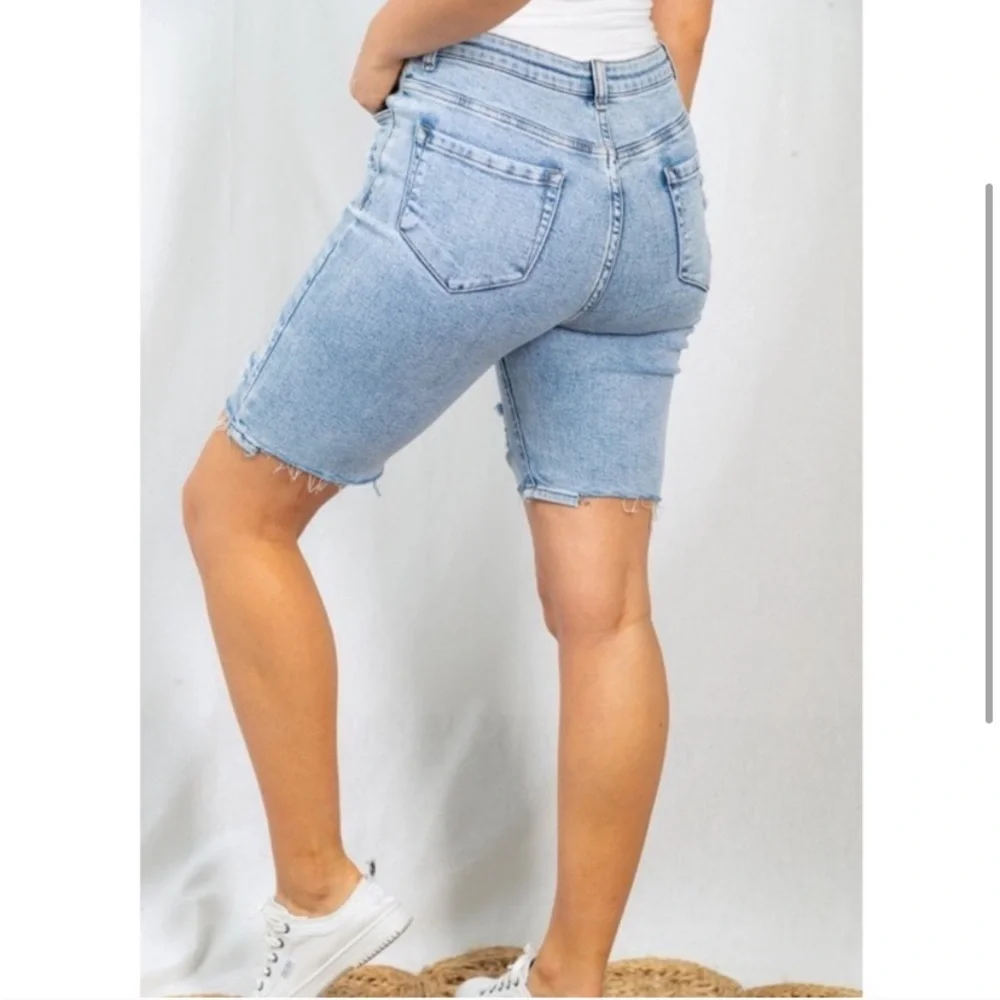 Plus Size Light Wash Distressed Bermuda Denim Shorts – High Rise, Super Stretchy